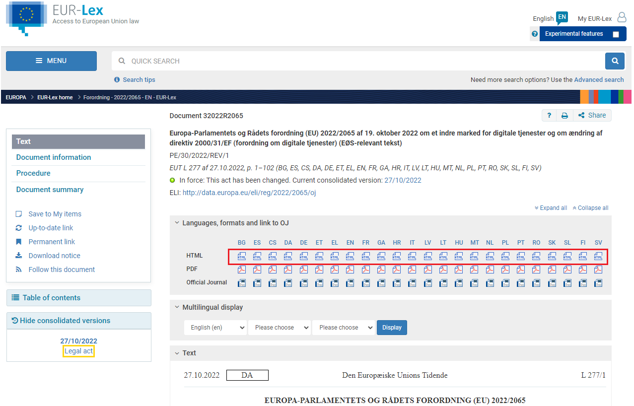 The formats offered for an act on EUR-Lex, with the HTML view selected